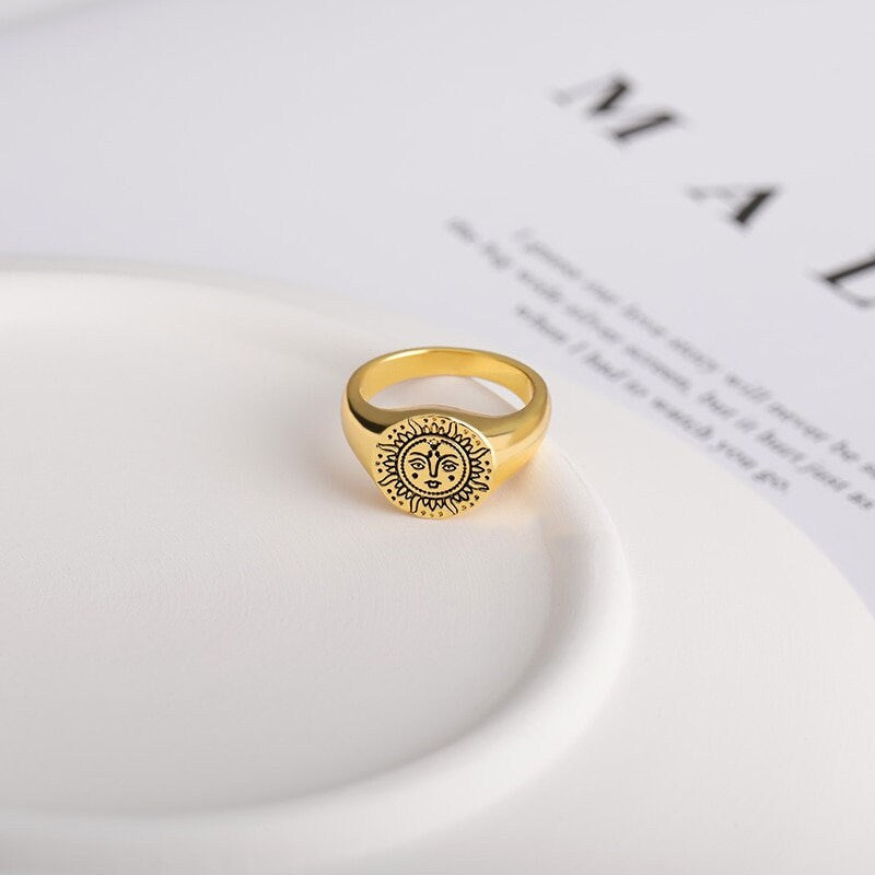 Punk Sun Moon Face, 18K Gold Gothic Stackable Ring, Dainty Minimalist Jewelry, Delicate Handmade for Women, Gift for Her