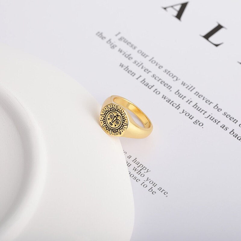Punk Sun Moon Face, 18K Gold Gothic Stackable Ring, Dainty Minimalist Jewelry, Delicate Handmade for Women, Gift for Her