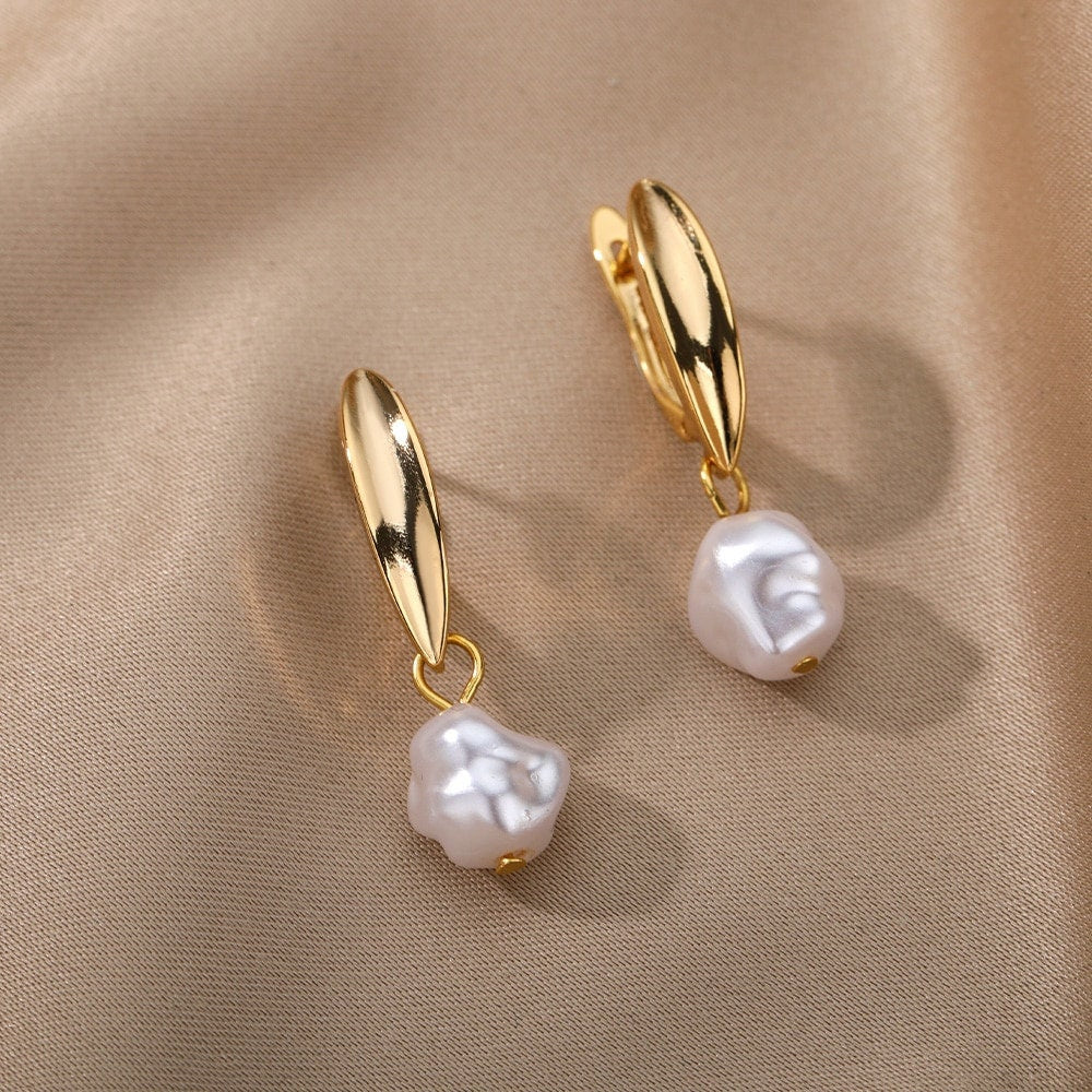 Boho Pearl Drop Dangle, 18K Gold Everyday Earrings, Dainty Minimalist Jewelry, Delicate Handmade  for Women, Gift for Her