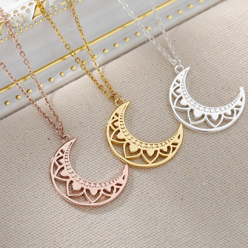 Boho Henna Moon Pendant, 18K Gold Layered Yogi Necklace, Dainty Minimalist Jewelry, Delicate Handmade for Women, Gift for Her