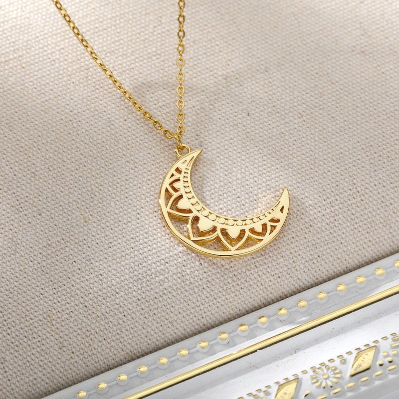 Boho Henna Moon Pendant, 18K Gold Layered Yogi Necklace, Dainty Minimalist Jewelry, Delicate Handmade for Women, Gift for Her