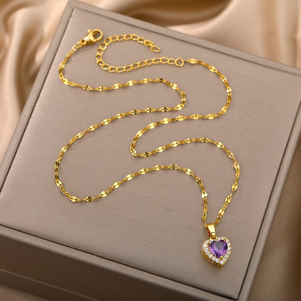 Punk Purple Crystal Heart Pendant, 18K Gold Layered Necklace, Gothic Dainty Minimalist Jewelry, Delicate Handmade for Women, Gift for Her