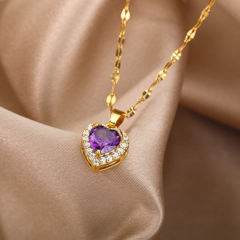 Punk Purple Crystal Heart Pendant, 18K Gold Layered Necklace, Gothic Dainty Minimalist Jewelry, Delicate Handmade for Women, Gift for Her