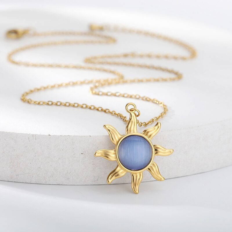 Punk Tarot Moonstone Sun Pendant, 18K Gold Layered Necklace, Gothic Dainty Minimalist Jewelry, Delicate Handmade for Women, Gift for Her