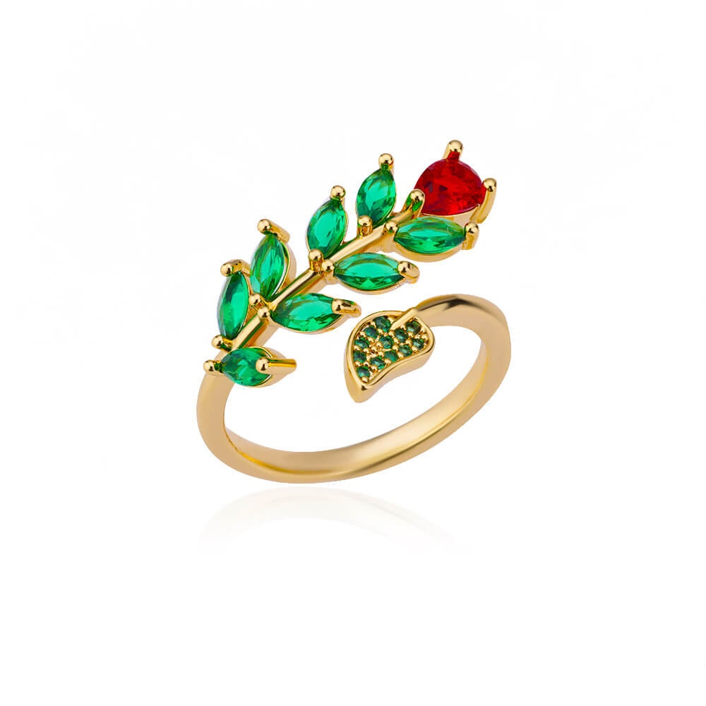 Boho Red Rose Vine Charm, 18K Gold Yogi Stackable Ring, Dainty Minimalist Jewelry, Delicate Handmade for Women, Gift for Her
