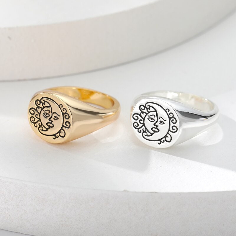 Punk Tarot Sun Moon Signet, 18K Gold Gothic Stackable Ring, Dainty Minimalist Jewelry, Delicate Handmade for Women, Gift for Her