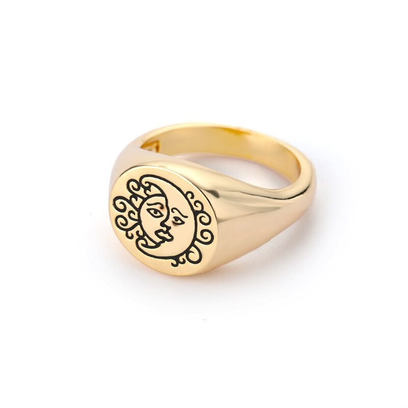 Punk Tarot Sun Moon Signet, 18K Gold Gothic Stackable Ring, Dainty Minimalist Jewelry, Delicate Handmade for Women, Gift for Her