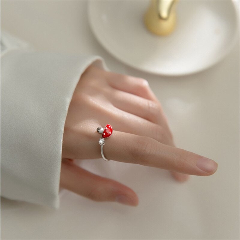 Punk Enamel Mushroom, 18K Gold Cute Stackable Ring, Dainty Minimalist Jewelry, Delicate Handmade for Women, Gift for Her