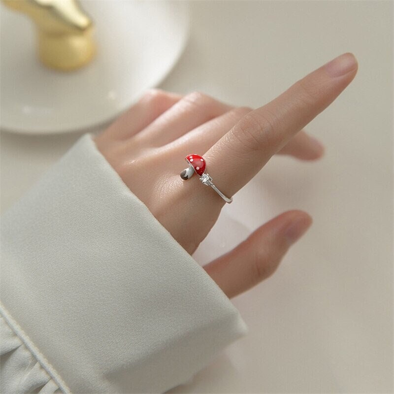 Punk Enamel Mushroom, 18K Gold Cute Stackable Ring, Dainty Minimalist Jewelry, Delicate Handmade for Women, Gift for Her