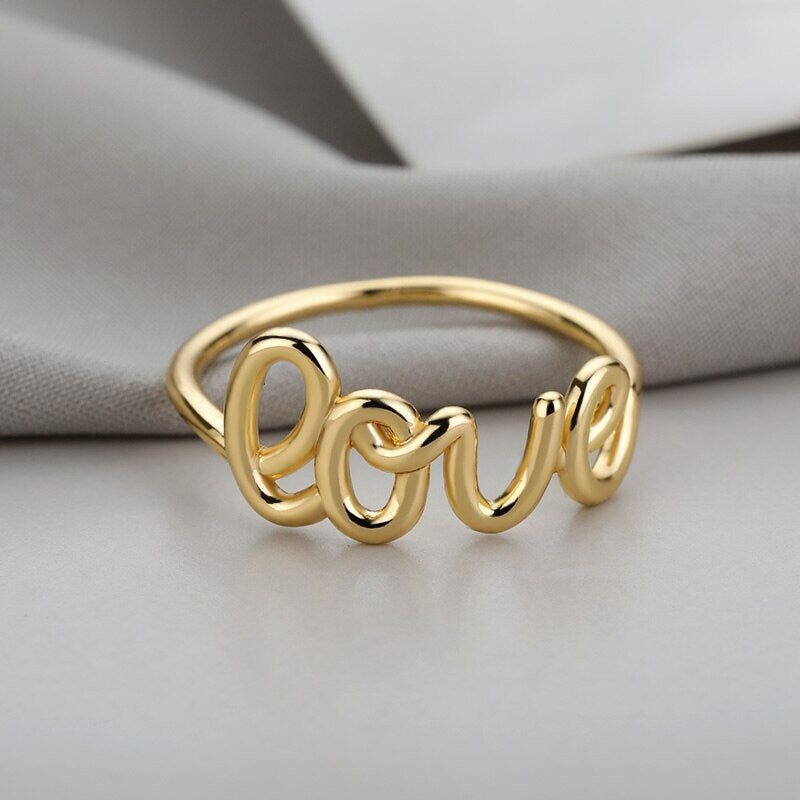 Punk Cute Love Script, 18K Gold Gothic Stackable Ring, Dainty Minimalist Jewelry, Delicate Handmade for Women, Gift for Her