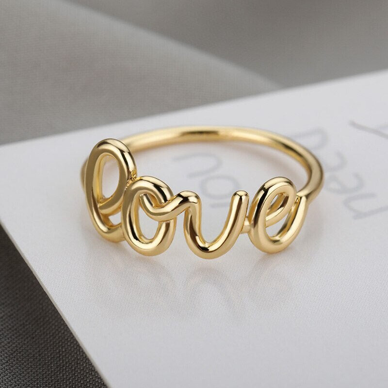 Punk Cute Love Script, 18K Gold Gothic Stackable Ring, Dainty Minimalist Jewelry, Delicate Handmade for Women, Gift for Her
