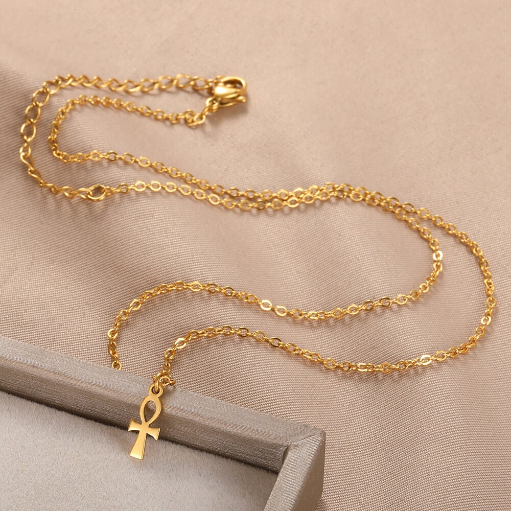 Punk Egyptian Ankh Pendant, 18K Gold Layered Necklace, Gothic Dainty Minimalist Jewelry, Delicate Handmade for Women, Gift for Her