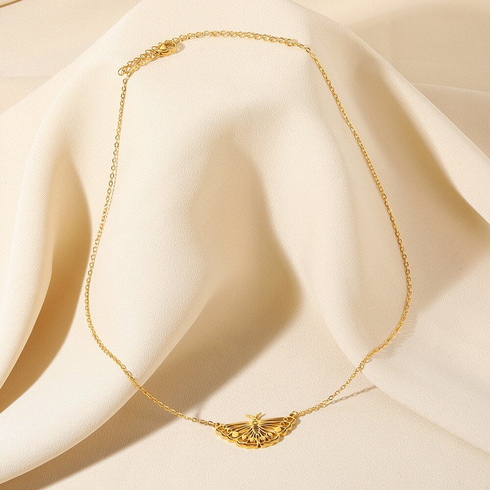 Punk Night Moth Pendant, 18K Gold Layered Necklace, Gothic Dainty Minimalist Jewelry, Delicate Handmade for Women, Gift for Her