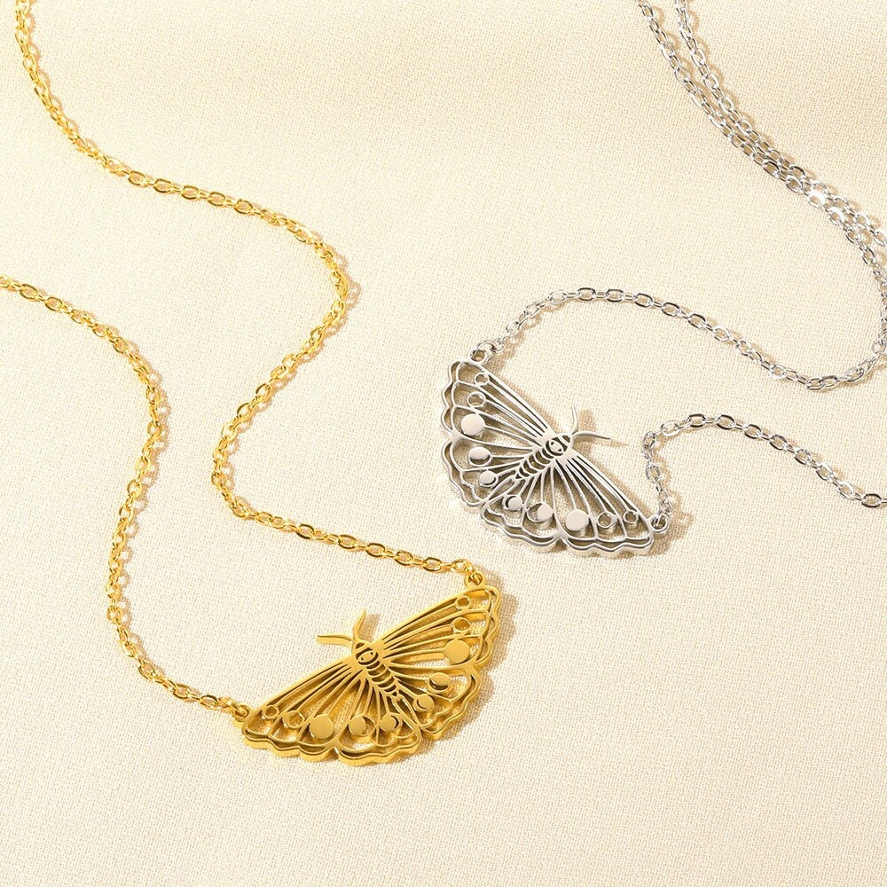 Punk Night Moth Pendant, 18K Gold Layered Necklace, Gothic Dainty Minimalist Jewelry, Delicate Handmade for Women, Gift for Her