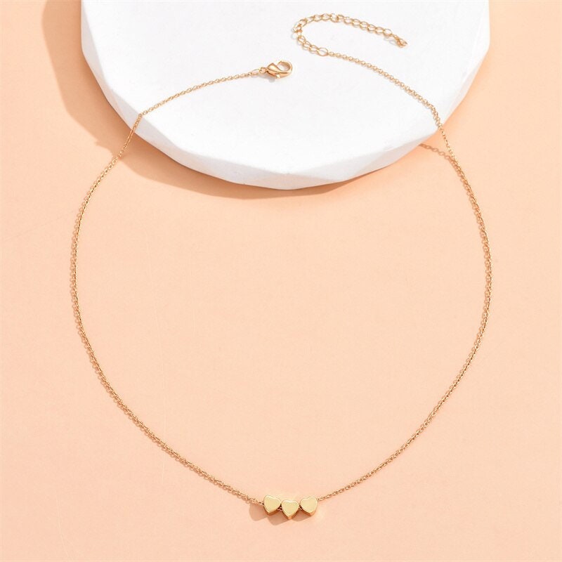 Boho Cute Triple Heart Charm Pendant, 18K Gold Layered Yogi Necklace, Dainty Minimalist Jewelry, Delicate Handmade for Women, Gift for Her