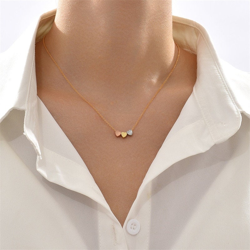 Boho Cute Triple Heart Charm Pendant, 18K Gold Layered Yogi Necklace, Dainty Minimalist Jewelry, Delicate Handmade for Women, Gift for Her