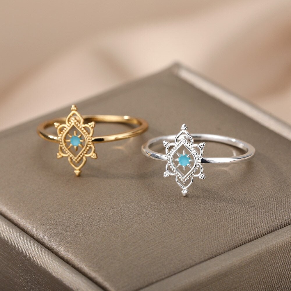 Gold Henna Lotus Ring, 18K Gold Henna Ring, Henna Lotus Flower Opal Ring, Dainty Minimalist Jewelry for Women, Gift for Her