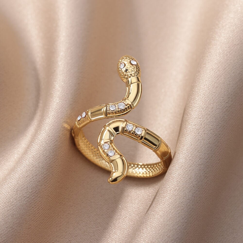 Crystal Snake Ring, Gold Snake Ring, Punk Snake Ring, 18K Gold Gothic Stackable, Dainty Minimalist Jewelry, Delicate for Women, Gift for Her
