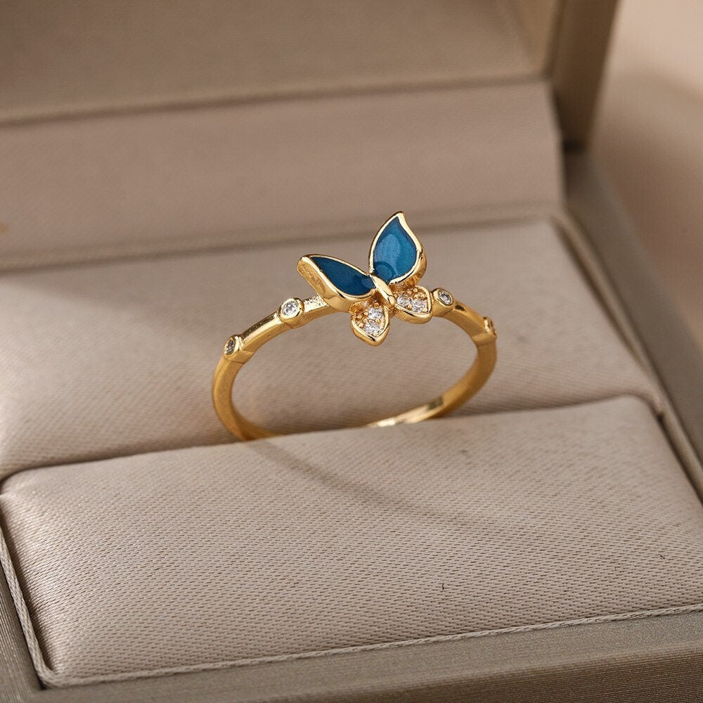 Blue Butterfly Ring, Crystal Butterfly Ring, 18K Gold Stackable, Dainty Minimalist Jewelry, Boho Delicate Handmade for Women, Gift for Her
