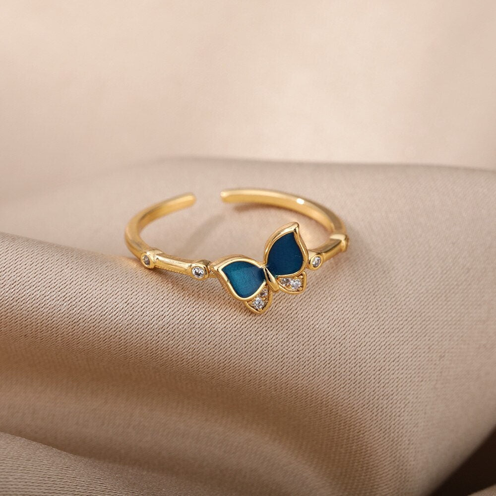 Blue Butterfly Ring, Crystal Butterfly Ring, 18K Gold Stackable, Dainty Minimalist Jewelry, Boho Delicate Handmade for Women, Gift for Her