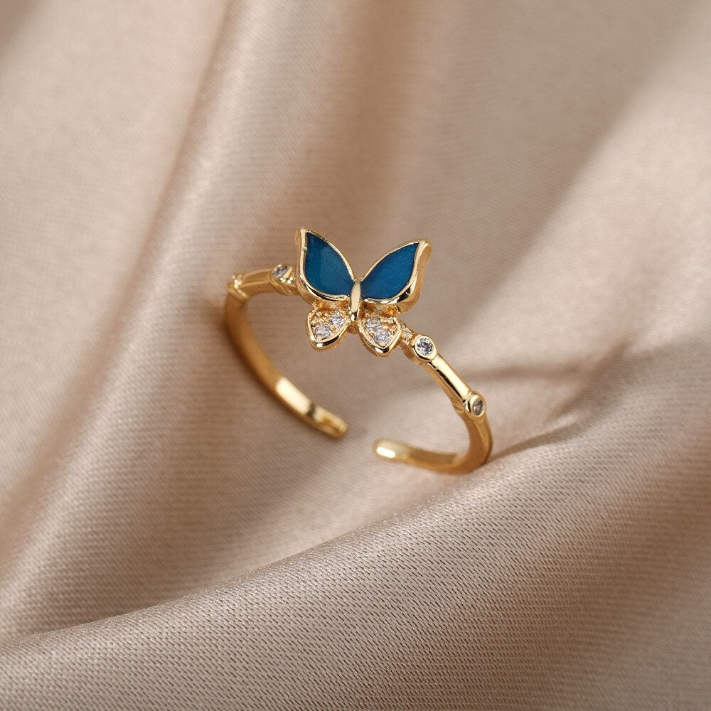 Blue Butterfly Ring, Crystal Butterfly Ring, 18K Gold Stackable, Dainty Minimalist Jewelry, Boho Delicate Handmade for Women, Gift for Her