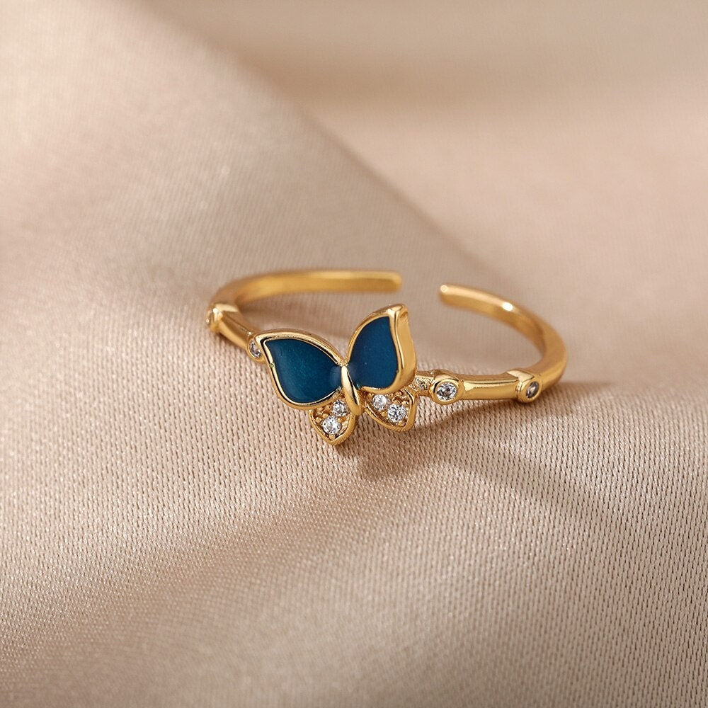 Blue Butterfly Ring, Crystal Butterfly Ring, 18K Gold Stackable, Dainty Minimalist Jewelry, Boho Delicate Handmade for Women, Gift for Her