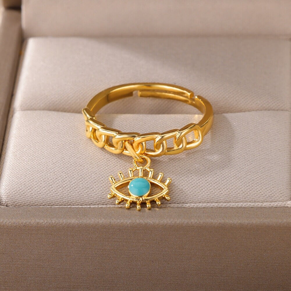 Evil Eye Dangle Ring, Evil Eye Cuban Link Ring, 18K Gold Gothic Stackable, Dainty Minimalist Jewelry, Punk Delicate for Women, Gift for Her
