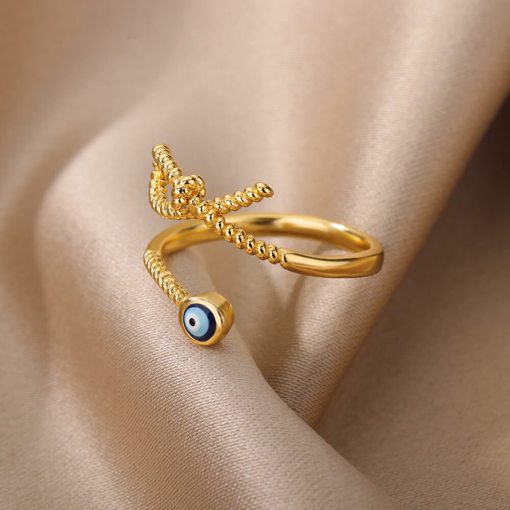 Gold Evil Eye Rope Ring, Evil Eye Twist Ring, 18K Gold Gothic Stackable, Dainty Minimalist Jewelry, Punk Delicate for Women, Gift for Her