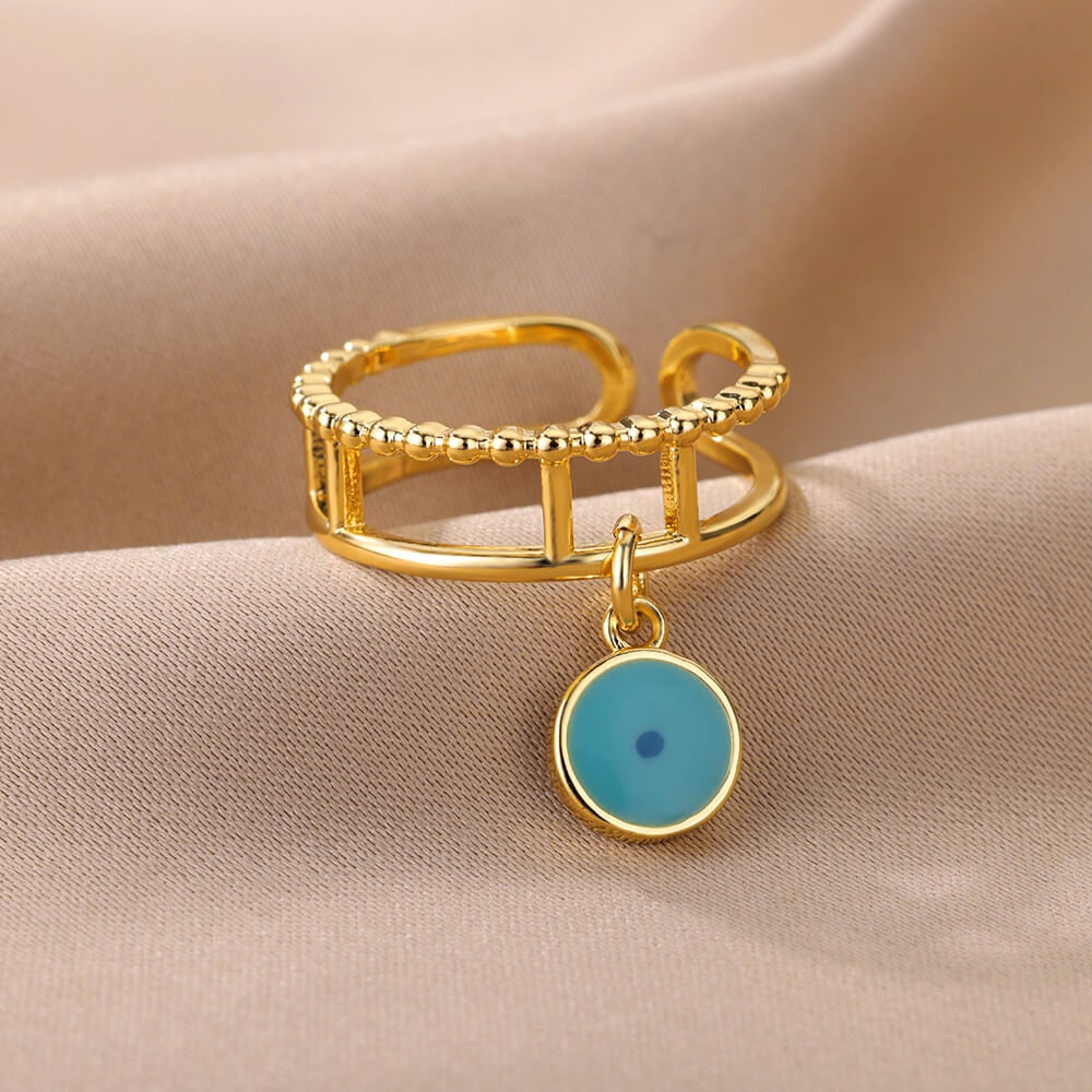 Evil Eye Dangle Ring, Gold Link Evil Eye Ring, 18K Gold Gothic Stackable, Dainty Minimalist Jewelry, Punk Delicate for Women, Gift for Her