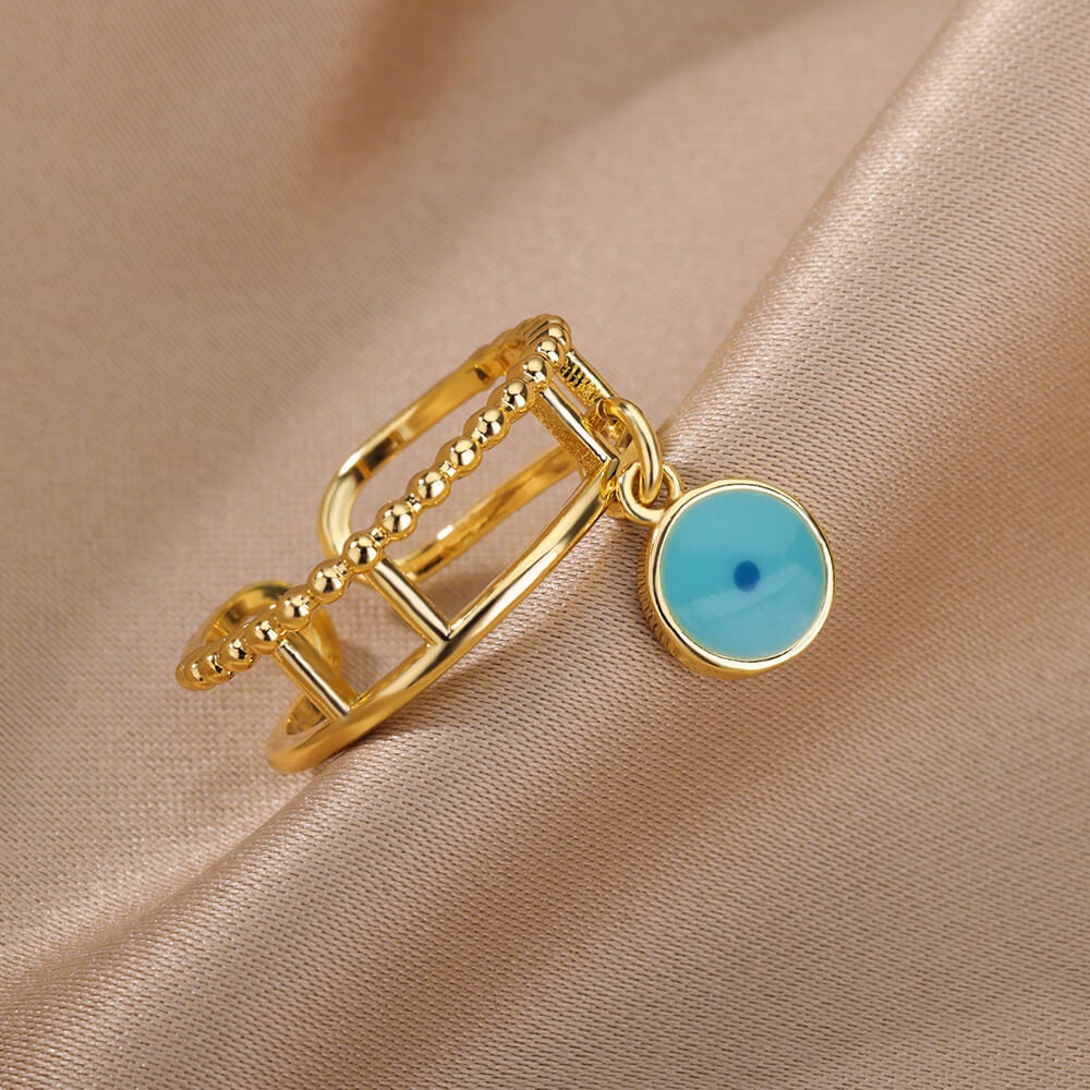 Evil Eye Dangle Ring, Gold Link Evil Eye Ring, 18K Gold Gothic Stackable, Dainty Minimalist Jewelry, Punk Delicate for Women, Gift for Her
