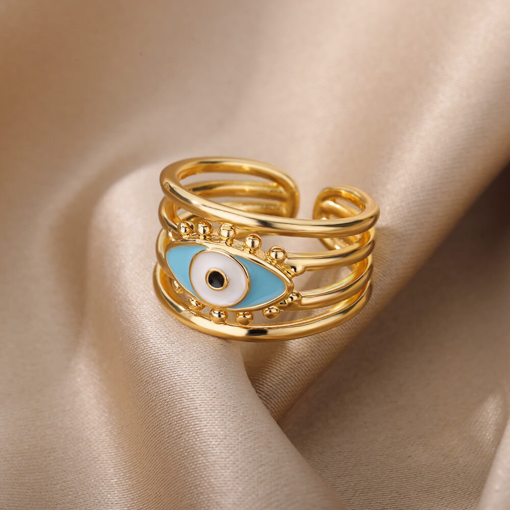 Gold Evil Eye Open Ring, Evil Eye Enamel Ring, 18K Gold Gothic Stackable, Dainty Minimalist Jewelry, Punk Delicate for Women, Gift for Her