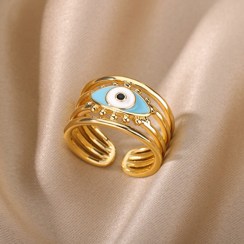 Gold Evil Eye Open Ring, Evil Eye Enamel Ring, 18K Gold Gothic Stackable, Dainty Minimalist Jewelry, Punk Delicate for Women, Gift for Her