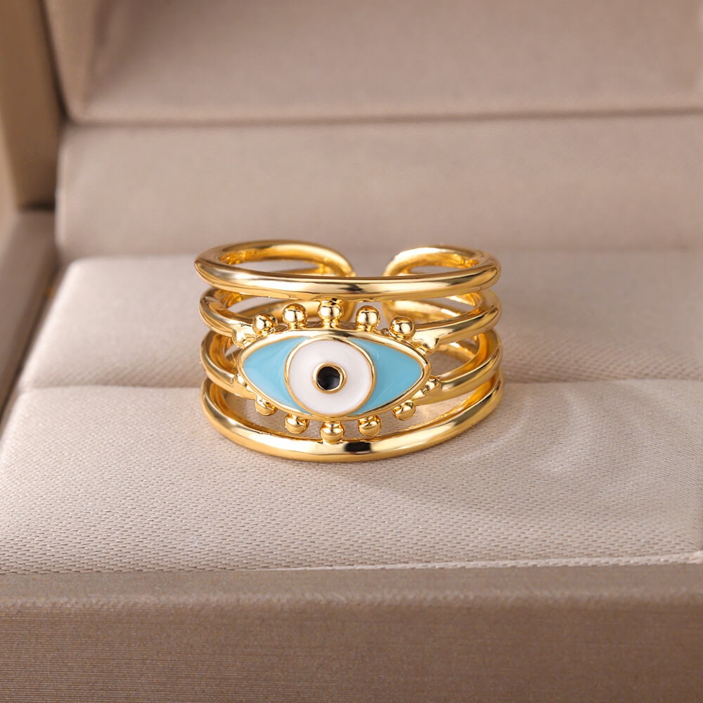 Gold Evil Eye Open Ring, Evil Eye Enamel Ring, 18K Gold Gothic Stackable, Dainty Minimalist Jewelry, Punk Delicate for Women, Gift for Her