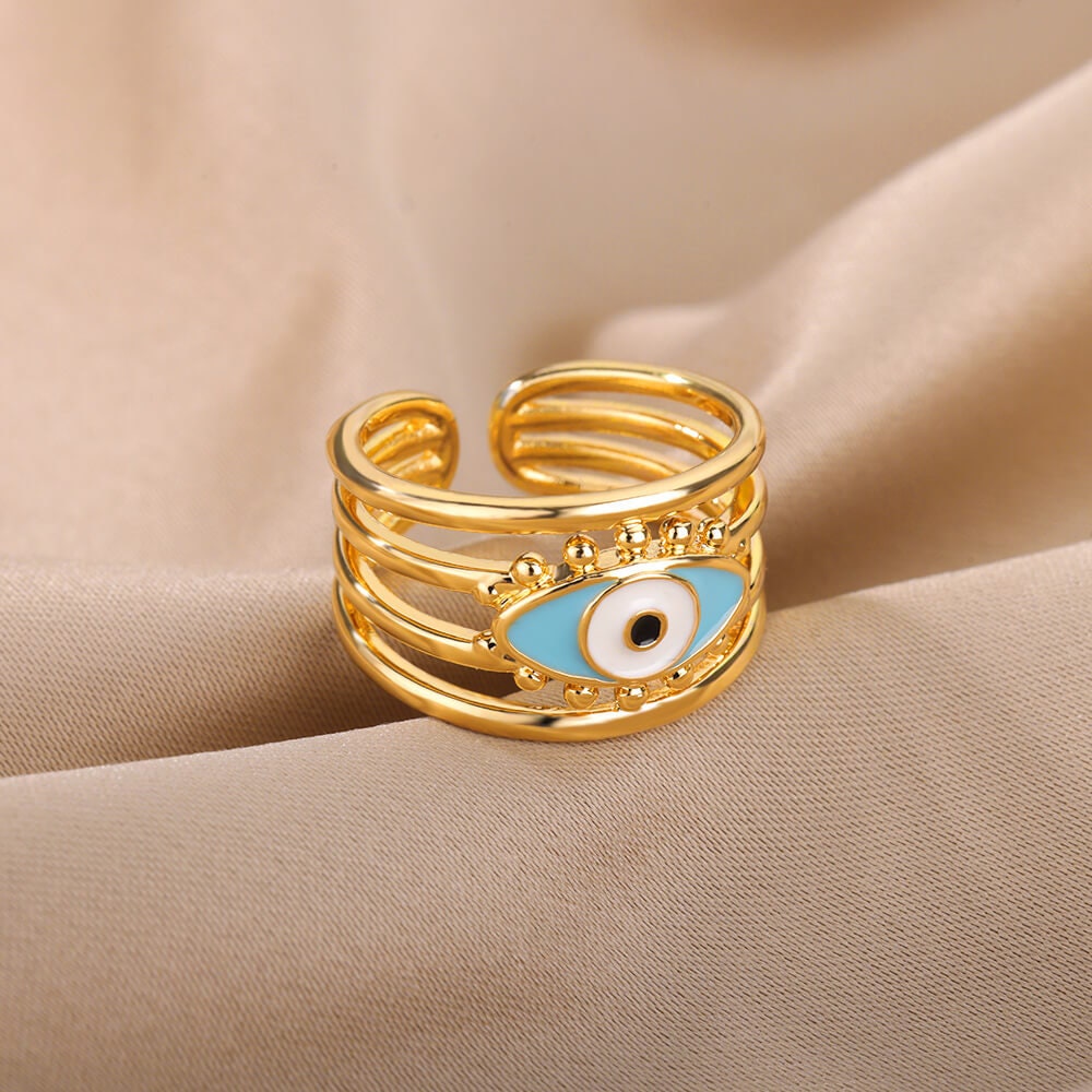 Gold Evil Eye Open Ring, Evil Eye Enamel Ring, 18K Gold Gothic Stackable, Dainty Minimalist Jewelry, Punk Delicate for Women, Gift for Her