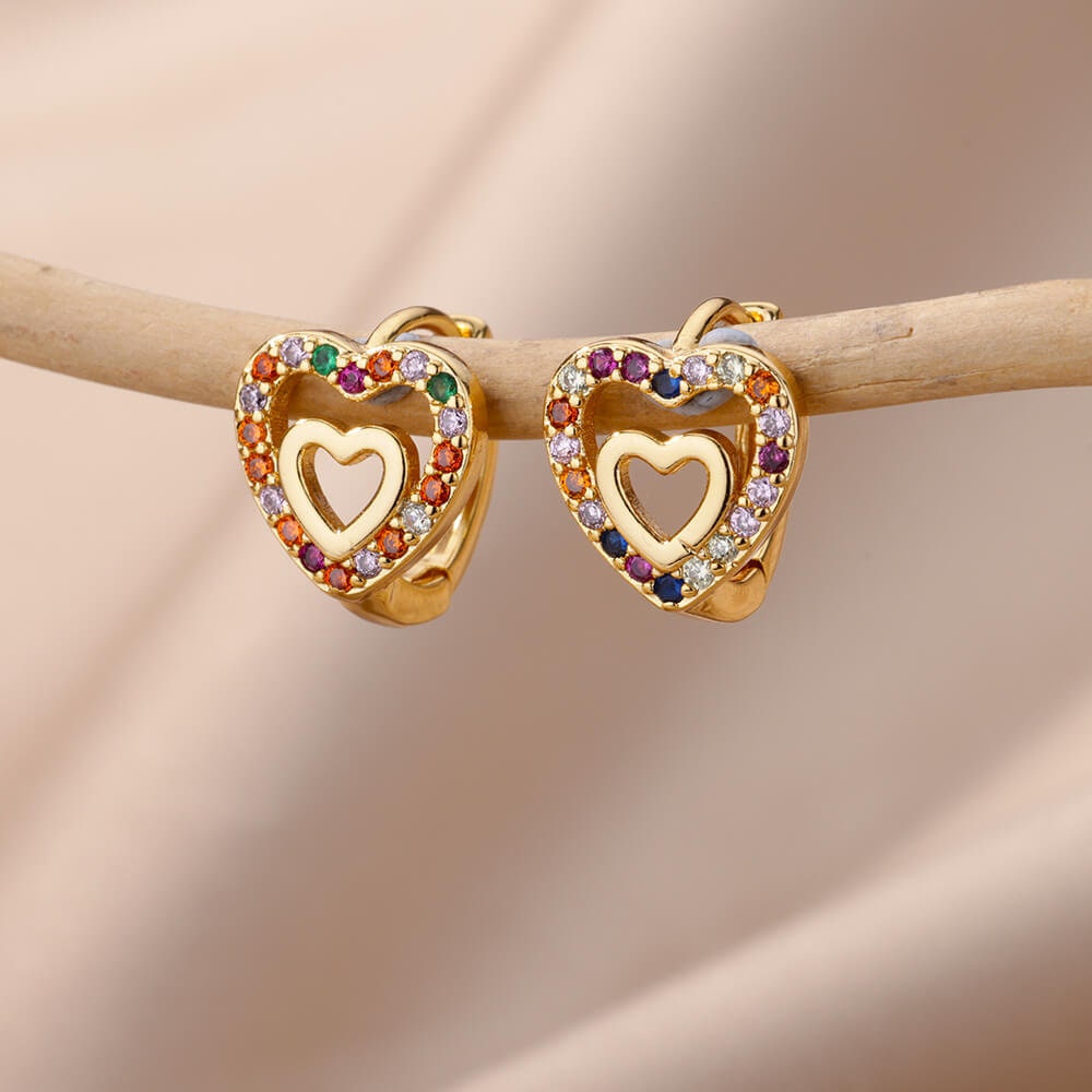 Gold Heart Hoop Earrings, Multicolor Heart Dangle Earrings, 18K Gold Earrings, Dainty Minimalist, Cute Delicate for Women, Gift for Her