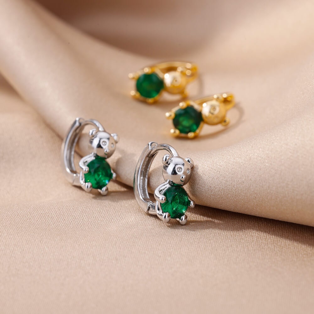 Panda Green Cubic Zirconia Earrings, Panda Bear Crystal Stud Earrings, 18K Gold Earrings, Dainty Minimalist, Delicate Women, Gift for Her