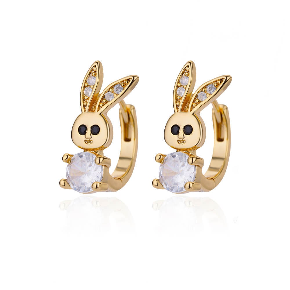 Bunny Rabbit Cubic Zirconia Earrings, Rabbit Crystal Hoop Earrings, 18K Gold Earrings, Dainty Minimalist, Delicate Women, Gift for Her