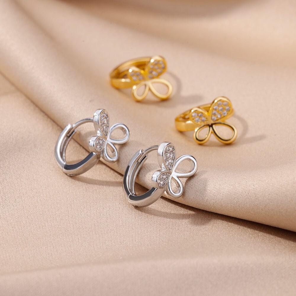 Butterfly Cubic Zirconia Stud Earrings, Butterfly Crystal Hoop Earrings, 18K Gold Earrings, Dainty Minimalist, Delicate Women, Gift for Her
