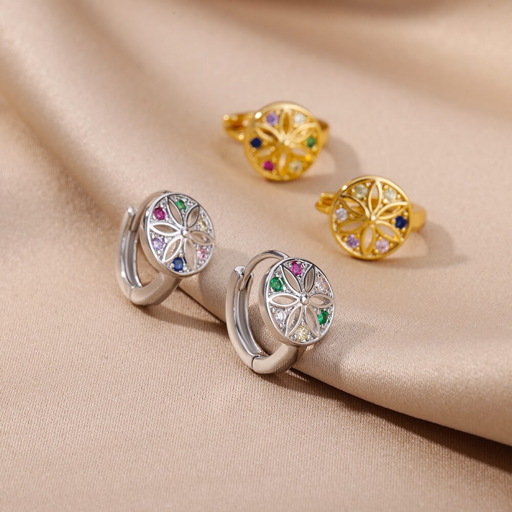 Flower Coin Multicolor Cubic Zirconia Stud Earrings, Flower Hoop Earrings, 18K Gold Earrings, Dainty Minimalist for Women, Gift for Her