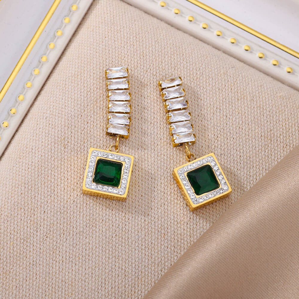 Cubic Zirconia Green Square Drop Earrings, 18K Gold Earrings, Dainty Minimalist Jewelry, Gift for Her