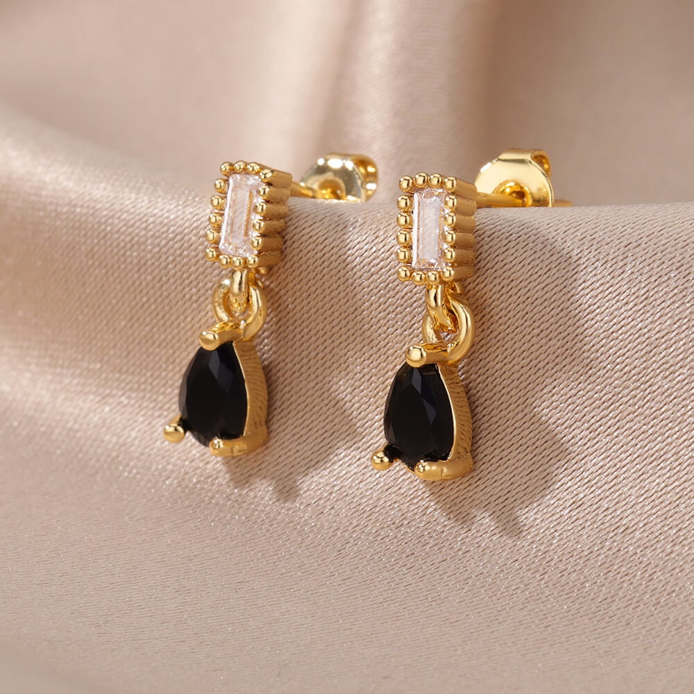 Black Raindrop Earrings, Cubic Zirconia Black Tear Drop Earrings, 18K Gold Earrings, Dainty Minimalist Jewelry, Gift for Her
