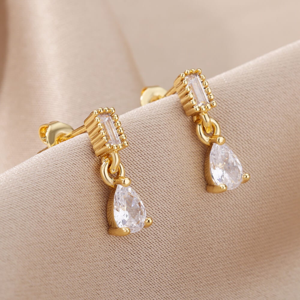 White Raindrop Earrings, Cubic Zirconia White Tear Drop Earrings, 18K Gold Earrings, Dainty Minimalist Jewelry, Gift for Her