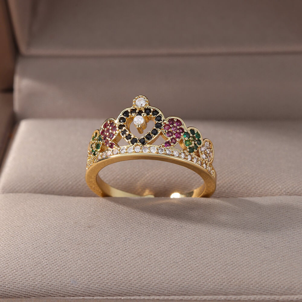 Crystal Tiara Ring, Gold Crown Ring, Cubic Zirconia Tiara Ring, 18K Gold Ring, Dainty Minimalist Jewelry, Delicate Women, Gift for Her