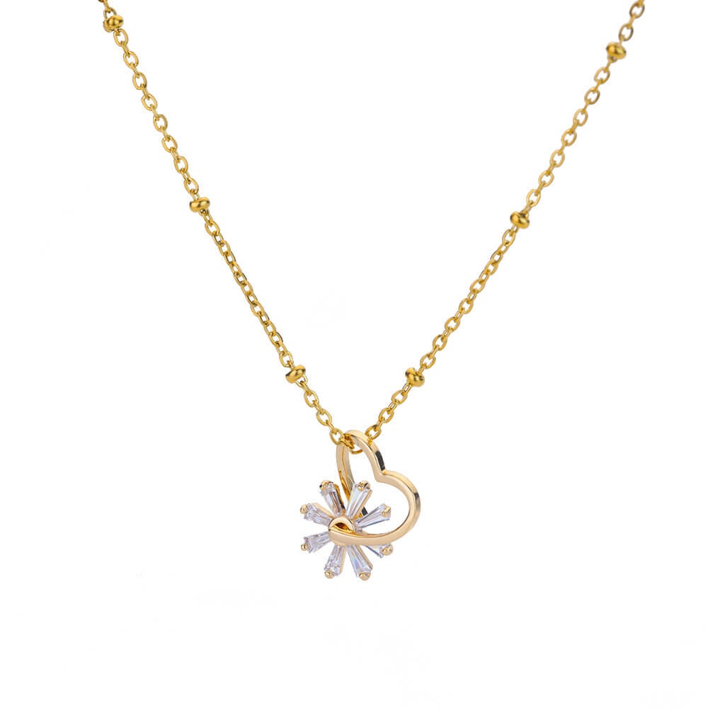 Gold Cubic Zirconia Heart Flower Pendant, 18K Gold Heart Necklace, Dainty Minimalist Jewelry, Delicate for Women, Gift for Her