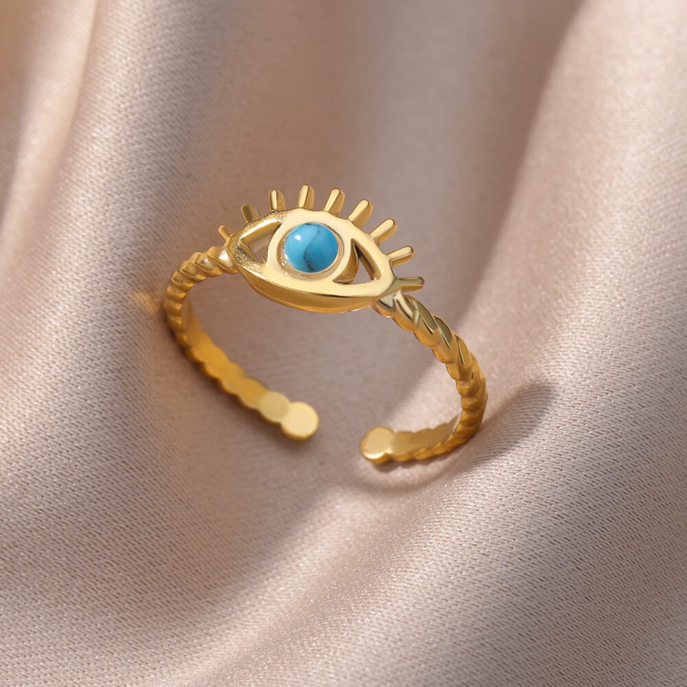 Evil Eye Ring, 18K Gold Evil Eye Ring, Evil Eye Light Blue Moonstone Ring, Gothic Delicate Minimalist Ring for Women, Gift for Her