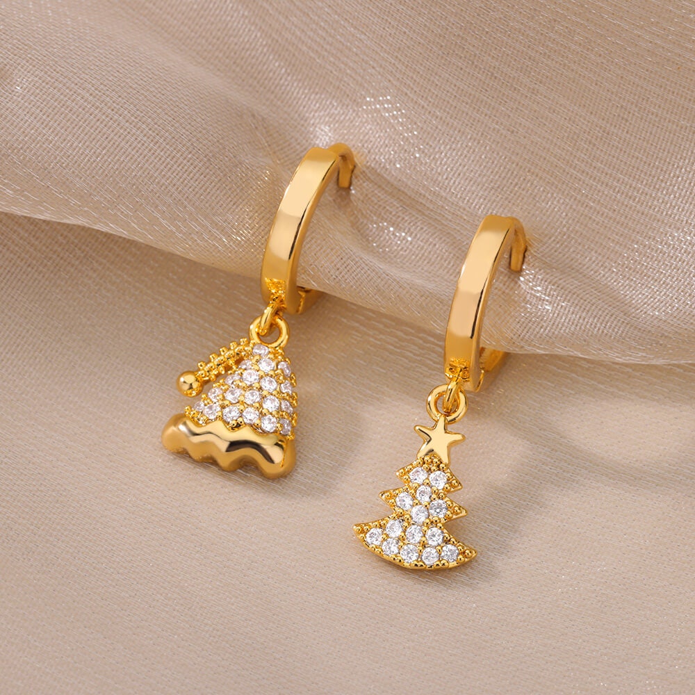 18K Gold Plated Handmade Christmas Tree Earrings, Holidays Christmas Tree Dainty Cubic Zirconia Hoop Earring, Gift for Her