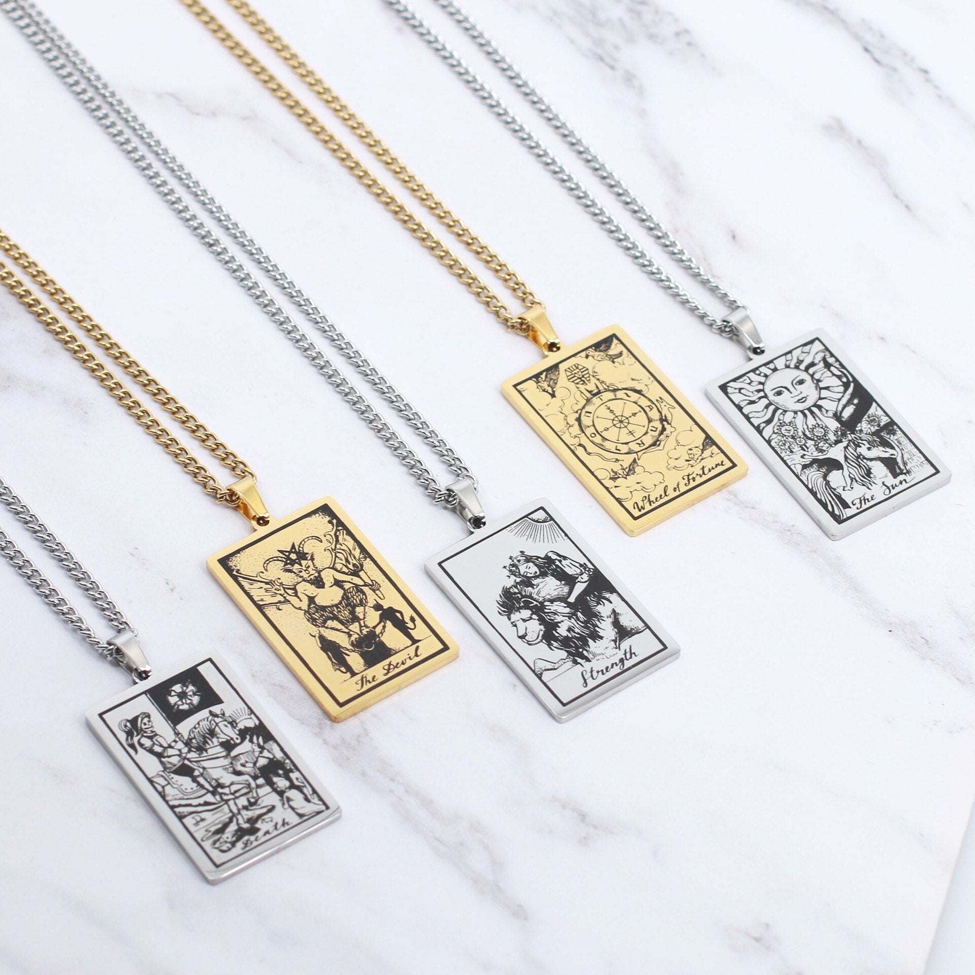 Tarot Cards Necklace, Tarot Pendant, 18K Gold Necklace, Gothic Dainty Minimalist Jewelry, Punk Delicate Handmade for Women, Gift for Her