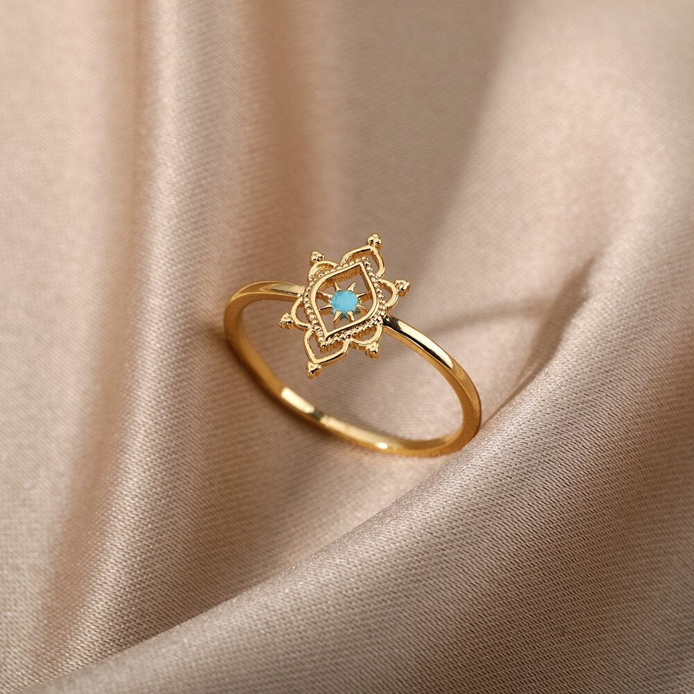 Gold Henna Lotus Ring, 18K Gold Henna Ring, Henna Lotus Flower Opal Ring, Dainty Minimalist Jewelry for Women, Gift for Her