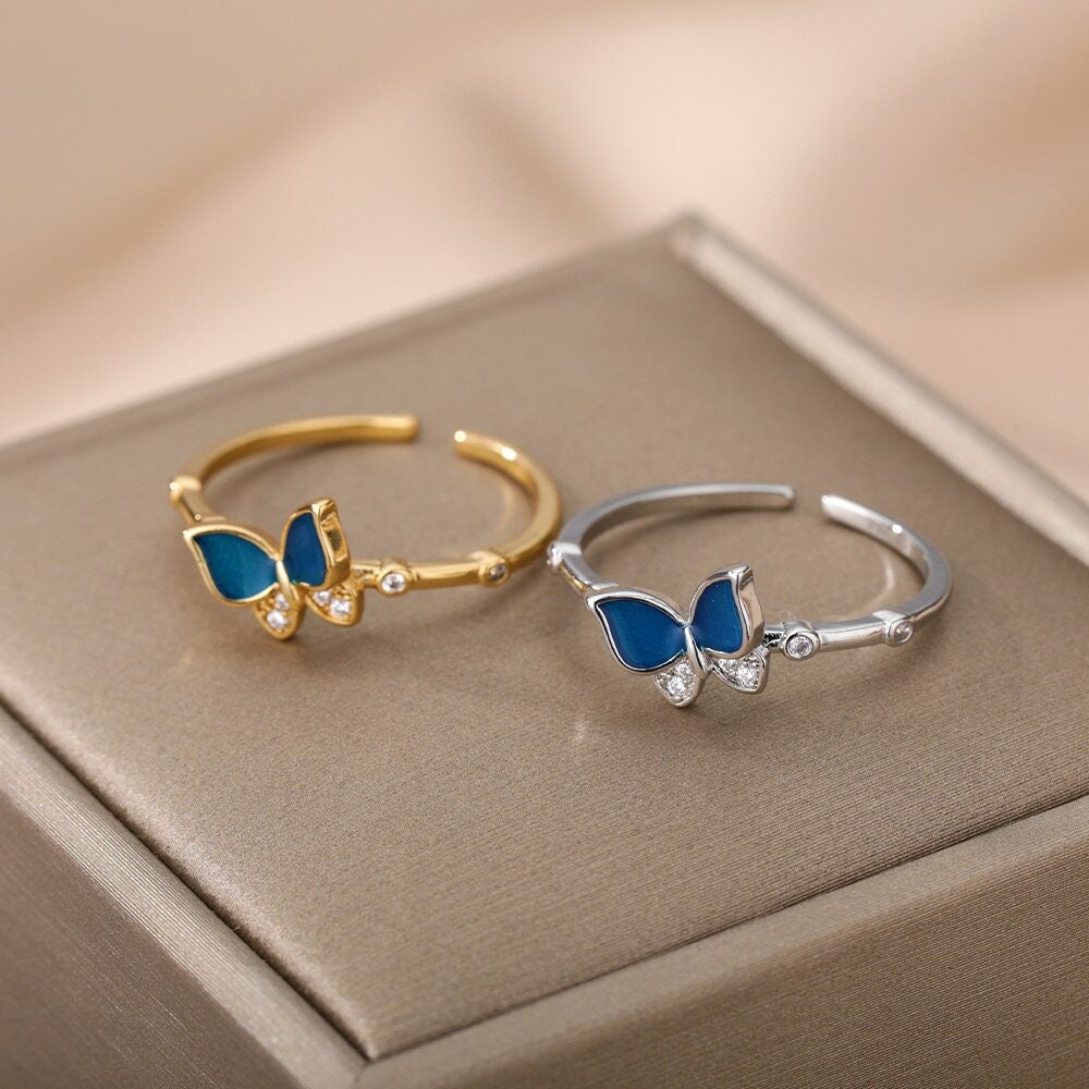 Blue Butterfly Ring, Crystal Butterfly Ring, 18K Gold Stackable, Dainty Minimalist Jewelry, Boho Delicate Handmade for Women, Gift for Her