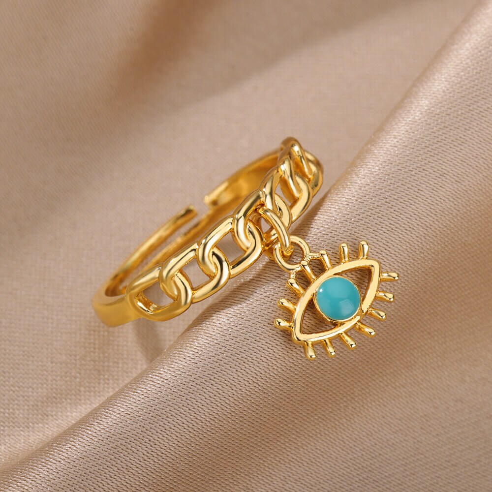 Evil Eye Dangle Ring, Evil Eye Cuban Link Ring, 18K Gold Gothic Stackable, Dainty Minimalist Jewelry, Punk Delicate for Women, Gift for Her